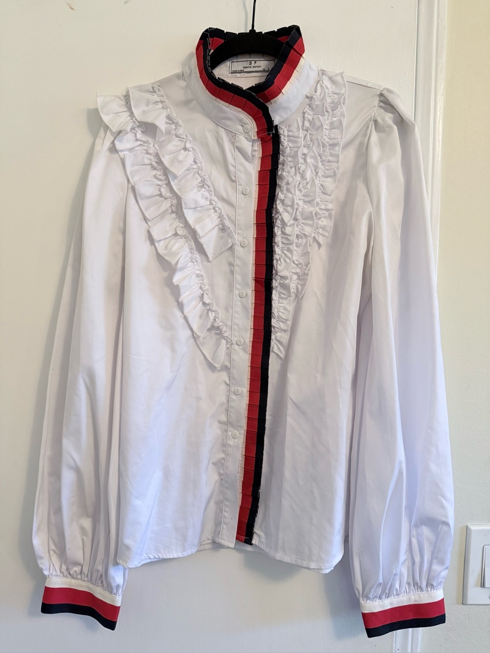 Ruffled White Button-Up Blouse with Red & Navy Trim